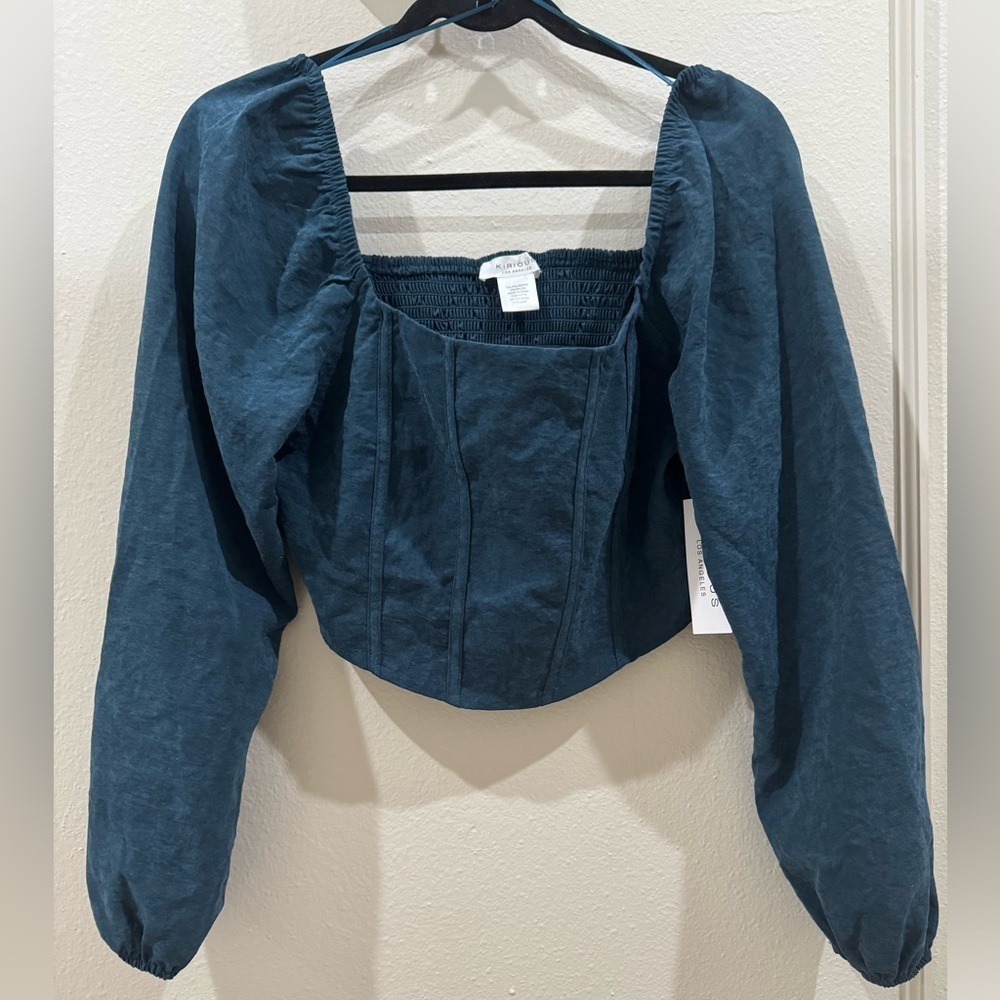 NWT Kirious XL Teal Suede Puff long sleeve moody corset crop Top